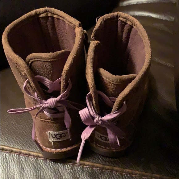 Ugg brown toddler boots, purple ribbon back.Corene - Picture 2 of 2